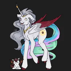 Size: 624x626 | Tagged: safe, artist:louarthur8, derpibooru import, alicorn, pony, black background, colored wings, dark background, edalyn clawthorne, female, fusion:princess celestia, image, jpeg, mare, peytral, raised hoof, signature, simple background, smiling, the owl house, two toned wings, wings