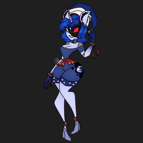 Size: 1249x1252 | Tagged: safe, artist:louarthur8, derpibooru import, human, equestria girls, dark background, female, five nights at freddy's, five nights at freddy's: security breach, fusion, fusion:princess luna, grin, image, jpeg, moondrop, signature, smiling, solo