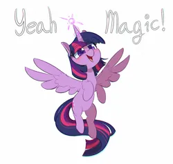 Size: 1000x952 | Tagged: safe, artist:inkypuso, derpibooru import, twilight sparkle, twilight sparkle (alicorn), alicorn, pony, blushing, cute, dialogue, female, flying, glow, glowing horn, horn, image, jpeg, mare, open mouth, open smile, smiling, solo, spread wings, twiabetes, wings
