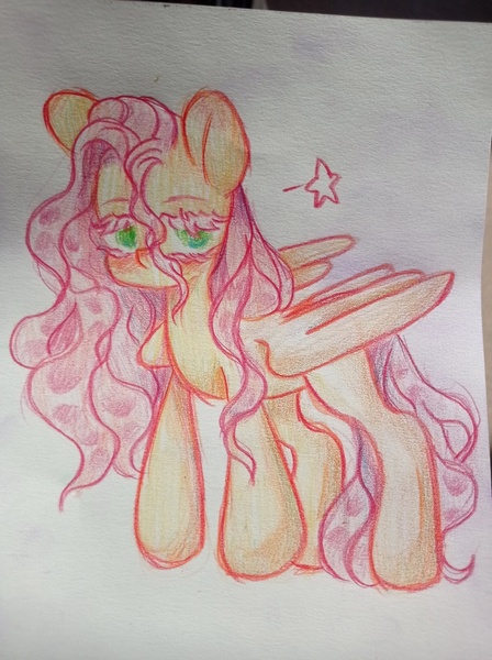 Size: 807x1080 | Tagged: safe, artist:banananectarine, derpibooru import, fluttershy, pegasus, pony, colored eyelashes, colored pencil drawing, image, jpeg, solo, traditional art