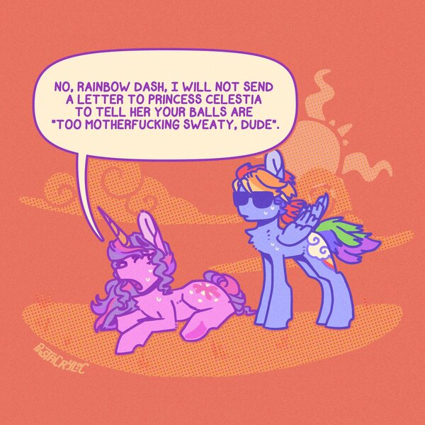 Size: 2048x2048 | Tagged: safe, artist:pastacrylic, derpibooru import, rainbow dash, twilight sparkle, pegasus, pony, unicorn, cloud, cutie mark, dialogue, duo, female, heatwave, hot, humor, image, implied futa, implied transgender, jpeg, lying down, mare, open mouth, speech bubble, sun, sunglasses, sweat, talking, text, unicorn twilight, vulgar