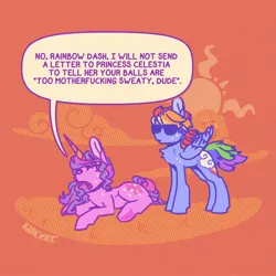 Size: 2048x2048 | Tagged: safe, artist:pastacrylic, derpibooru import, rainbow dash, twilight sparkle, pegasus, pony, unicorn, cloud, cutie mark, dialogue, duo, female, heatwave, hot, humor, image, implied futa, implied transgender, jpeg, lying down, mare, open mouth, speech bubble, sun, sunglasses, sweat, talking, text, unicorn twilight, vulgar