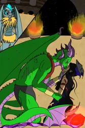 Size: 1000x1500 | Tagged: suggestive, artist:lullabyjak, derpibooru import, oc, oc:fissure, oc:nenog, oc:rúna, anthro, dragon, human, bleeding, blood, bloodstone scepter, clothes, colsseum, dragoness, dragonlord, female, fire, image, kissing, mask, png, scepter