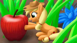 Size: 3840x2160 | Tagged: safe, artist:stellardust, derpibooru import, applejack, earth pony, pony, apple, appletini, cowboy hat, female, food, grass, hat, image, mare, micro, png, poison joke, sitting, solo