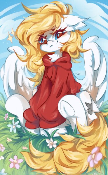 Size: 1262x2048 | Tagged: safe, artist:vanilla-chan, derpibooru import, oc, unofficial characters only, pegasus, pony, clothes, commission, flower, frog (hoof), grass, hoodie, image, jpeg, looking at you, outdoors, pegasus oc, sitting, solo, sparkles, spread wings, underhoof, wings