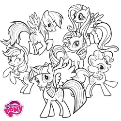 Size: 800x800 | Tagged: safe, derpibooru import, official, applejack, fluttershy, pinkie pie, rainbow dash, rarity, twilight sparkle, alicorn, earth pony, pegasus, pony, unicorn, black and white, cardboard twilight, coloring page, female, flying, grayscale, image, jpeg, mane six, mare, monochrome, my little pony logo, open mouth, rearing, simple background, stock vector, white background, wrong cutie mark