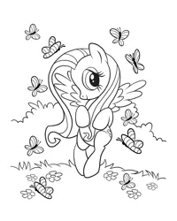 Size: 2480x3100 | Tagged: safe, derpibooru import, official, fluttershy, butterfly, insect, pegasus, pony, bipedal, black and white, coloring page, covering, female, flower, flying, grayscale, image, jpeg, mare, monochrome, outdoors, simple background, solo, white background