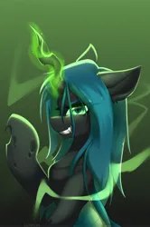 Size: 2718x4096 | Tagged: safe, artist:lunylin, artist:lunylinl, derpibooru import, queen chrysalis, changeling, changeling queen, evil grin, female, glow, glowing horn, gradient background, grin, high res, horn, image, jpeg, looking at you, magic, signature, smiling, solo