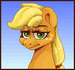 Size: 1024x952 | Tagged: safe, artist:smirk, derpibooru import, applejack, earth pony, pony, angry, bust, deadpan, freckles, hatless, image, lidded eyes, missing accessory, pixel art, png, ponytail, scowl, simple background