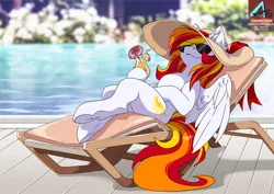 Size: 1100x778 | Tagged: safe, artist:arctic-fox, derpibooru import, oc, oc:diamond sun, unofficial characters only, pegasus, pony, beach chair, drink, drinking straw, hat, image, jpeg, lounging, pegasus oc, solo, sun hat, sunbathing, sunglasses, umbrella drink, wings