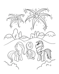 Size: 2480x3100 | Tagged: safe, derpibooru import, official, fluttershy, earth pony, pegasus, pony, black and white, butt, coloring page, facing away, female, fireworks, folded wings, grayscale, image, jpeg, looking at something, mare, monochrome, off model, open mouth, outdoors, plot, raised hoof, standing, trio, trio female, wings