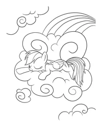 Size: 2480x3100 | Tagged: safe, derpibooru import, official, rainbow dash, pegasus, pony, black and white, cloud, coloring page, cute, dashabetes, eyes closed, female, folded wings, grayscale, image, jpeg, mare, monochrome, on a cloud, outdoors, rainbow, sleeping, sleeping on a cloud, smiling, solo, wings