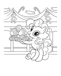 Size: 2480x3100 | Tagged: safe, derpibooru import, official, pinkie pie, earth pony, pony, banner, bipedal, black and white, carrying, coloring page, cookie, cupcake, eyes open, female, food, grayscale, hoof hold, image, jpeg, licking, licking lips, mare, monochrome, solo, stock vector, tongue out