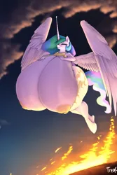 Size: 1024x1536 | Tagged: suggestive, derpibooru import, machine learning generated, novelai, stable diffusion, princess celestia, alicorn, anthro, ai content, big breasts, breast expansion, breasts, busty princess celestia, butt, fire, flying, growth, huge breasts, huge butt, hyper, hyper breasts, image, impossibly large breasts, large butt, nipples, nudity, png, volcano