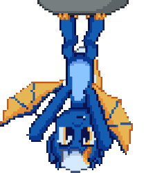 Size: 450x474 | Tagged: safe, artist:nitobit, derpibooru import, oc, oc:moonlight wane, bat pony, pony, animated, behaving like a bat, claws, gif, hanging, hanging upside down, image, male, pixel art, simple background, solo, spread wings, stallion, transparent background, upside down, wings