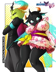 Size: 1500x1936 | Tagged: suggestive, artist:boastudio, derpibooru import, thorax, anthro, changedling, changeling, big breasts, breasts, busty mesosoma, clothes, duality, female, image, king thorax, male to female, mesosoma, panties, png, queen mesosoma, rule 63, transformation, transgender transformation, underwear