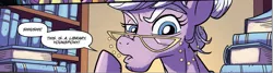 Size: 1585x423 | Tagged: safe, artist:tonyfleecs, derpibooru import, idw, unnamed character, unnamed pony, earth pony, pony, from the shadows, spoiler:comic, spoiler:comic51, book, bookshelf, comic, cropped, elderly, female, glasses, image, librarian, library, mare, official comic, png, speech bubble