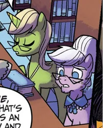 Size: 317x392 | Tagged: safe, artist:tonyfleecs, derpibooru import, idw, unnamed character, unnamed pony, earth pony, pony, unicorn, from the shadows, spoiler:comic, spoiler:comic51, book, bookshelf, comic, cropped, elderly, female, glasses, image, librarian, library, mare, official comic, png, speech bubble