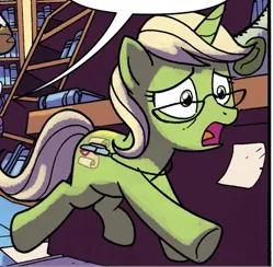 Size: 637x622 | Tagged: safe, artist:tonyfleecs, derpibooru import, idw, unnamed character, unnamed pony, earth pony, pony, from the shadows, spoiler:comic, spoiler:comic52, book, bookshelf, comic, cropped, female, glasses, image, librarian, library, mare, official comic, png