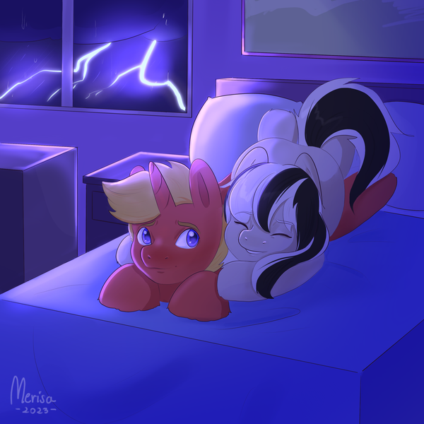 Size: 3000x3000 | Tagged: safe, artist:merisa, derpibooru import, oc, oc:renown composition, oc:solar spark, earth pony, pony, unicorn, bed, dark, dresser, earth pony oc, eyes closed, female, horn, image, laying on bed, lightning, lying down, lying on top of someone, male, mare, on bed, pillow, png, rain, smiling, stallion, storm, straight, unicorn oc, window