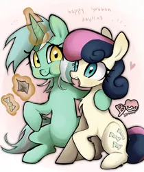 Size: 2295x2732 | Tagged: safe, artist:brainr0tter, derpibooru import, bon bon, lyra heartstrings, sweetie drops, earth pony, pony, unicorn, blushing, duo, duo female, eating, female, glow, glowing horn, heart, high res, horn, image, lesbian, levitation, looking at you, lyrabon, magic, magic aura, mare, open mouth, png, shipping, signature, sitting, telekinesis