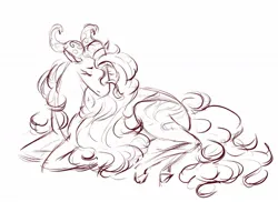 Size: 1205x878 | Tagged: safe, artist:melodylibris, derpibooru import, oc, unofficial characters only, pony, eyes closed, horns, image, jpeg, lying down, monochrome, prone, simple background, sketch, solo, white background