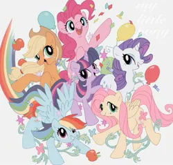 Size: 2048x1959 | Tagged: safe, artist:mame_0701, derpibooru import, applejack, fluttershy, pinkie pie, rainbow dash, rarity, twilight sparkle, earth pony, pegasus, pony, unicorn, apple, balloon, confetti, food, image, jpeg, mane six, rainbow trail, unicorn twilight