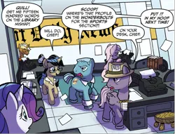 Size: 1209x926 | Tagged: safe, artist:tonyfleecs, derpibooru import, idw, nosey news, rarity, unnamed character, unnamed pony, earth pony, pegasus, pony, unicorn, from the shadows, spoiler:comic, spoiler:comic52, cropped, female, hat, image, levitation, magic, male, mare, newspaper, newspaper hat, official comic, paper, png, quill (character), speech bubble, stallion, telekinesis