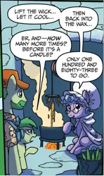 Size: 541x912 | Tagged: safe, artist:tonyfleecs, derpibooru import, idw, unnamed character, unnamed pony, pony, from the shadows, spoiler:comic, spoiler:comic52, candlemaker, colonial williamsburg, comic, cropped, female, foal, historical reenactment, image, male, mare, official comic, png, speech bubble, stallion, starry eyes, whinniesburg, wingding eyes