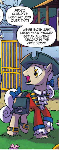 Size: 500x1260 | Tagged: safe, artist:tonyfleecs, derpibooru import, idw, unnamed character, unnamed pony, pony, from the shadows, spoiler:comic, spoiler:comic52, colonial williamsburg, comic, cropped, hat, historical reenactment, image, male, official comic, png, speech bubble, stallion, whinniesburg, wingding eyes