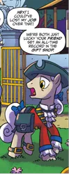 Size: 500x1260 | Tagged: safe, artist:tonyfleecs, derpibooru import, idw, unnamed character, unnamed pony, pony, from the shadows, spoiler:comic, spoiler:comic52, colonial williamsburg, comic, cropped, hat, historical reenactment, image, male, official comic, png, speech bubble, stallion, whinniesburg, wingding eyes