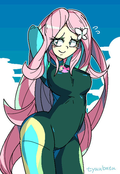 Size: 458x661 | Tagged: safe, artist:tyuubatu, derpibooru import, fluttershy, human, equestria girls, arched back, arm behind head, breasts, busty fluttershy, clothes, image, jpeg, one eye closed, one-piece swimsuit, swimsuit, wetsuit