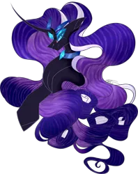 Size: 2199x2780 | Tagged: safe, artist:maskedk1tsun31991, derpibooru import, nightmare rarity, pony, unicorn, blue eyes, bust, collaboration, collar, collar ring, colored pupils, crown, curved horn, digital art, ethereal mane, eyelashes, eyeshadow, female, flowing mane, gem, high res, horn, image, jewelry, lidded eyes, long horn, looking at you, makeup, mare, png, portrait, purple mane, regalia, signature, simple background, smiling, smiling at you, solo, starry mane, transparent background