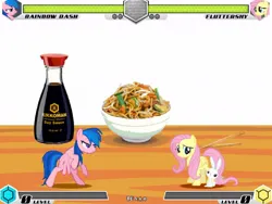 Size: 1080x810 | Tagged: safe, derpibooru import, angel bunny, applejack, fluttershy, pinkie pie, rainbow dash, rarity, twilight sparkle, fighting is magic, food, image, jpeg, kikkoman, mane six, new, noodle, sauce, stage, yakisoba