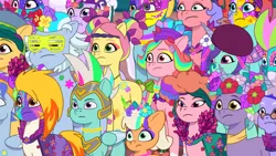 Size: 3072x1727 | Tagged: safe, derpibooru import, screencap, alphabittle (g5), onyx, posey (g5), unnamed character, earth pony, pegasus, pony, unicorn, g5, my little pony: tell your tale, spoiler:g5, spoiler:my little pony: tell your tale, spoiler:tyts01e56, beret, diva and conquer, elder blossom (g5), female, filly, flare (g5), foal, frown, hat, image, jazz hooves, jpeg, male, mare, peach fizz, pippsqueaks, powder blush (g5), stallion, strawberry rose (g5), thunder flap, windy (g5)