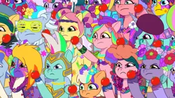 Size: 3072x1727 | Tagged: safe, derpibooru import, screencap, alphabittle (g5), onyx, posey (g5), unnamed character, earth pony, pegasus, pony, unicorn, g5, my little pony: tell your tale, spoiler:g5, spoiler:my little pony: tell your tale, spoiler:tyts01e56, beret, diva and conquer, female, filly, flare (g5), foal, food, hat, image, jazz hooves, jpeg, male, mare, peach fizz, stallion, thunder flap, tomato, windy (g5)