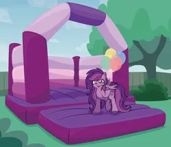 Size: 1920x1651 | Tagged: safe, artist:alexdti, derpibooru import, oc, oc:emilia starsong, unofficial characters only, pegasus, pony, balloon, bouncy castle, chest fluff, female, happy, image, jpeg, mare, open mouth, open smile, smiling, solo, tree, unshorn fetlocks, wave