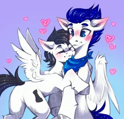 Size: 2994x2886 | Tagged: safe, artist:buvanybu, derpibooru import, oc, unofficial characters only, pegasus, pony, blushing, gradient background, heart, hug, image, jpeg