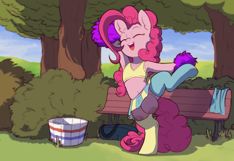 Size: 5639x3889 | Tagged: questionable, alternate version, artist:yoditax, derpibooru import, pinkie pie, earth pony, pony, semi-anthro, art pack:cheerleader art pack, bench, big crotchboobs, butt, clothes, crotchboobs, exhibitionism, eyes closed, female, huge crotchboobs, image, mare, nipples, nudity, open mouth, open smile, plot, png, pom pom, public nudity, skirt, smiling, solo, solo female, standing, standing on one leg, teats, tree, upskirt