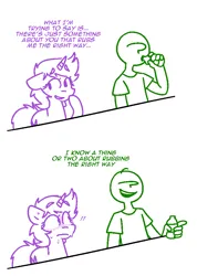 Size: 619x867 | Tagged: suggestive, artist:blex, derpibooru import, oc, oc:anon, oc:snippercut, unofficial characters only, human, pony, unicorn, 2 panel comic, blushing, blushing profusely, bottle, comic, crushing, dialogue, doodle, drinking, ears up, female, flirting, floppy ears, image, innuendo, looking away, male, mare, open mouth, png, simple background, smiling, sweat, sweating profusely, white background