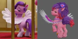 Size: 4799x2452 | Tagged: safe, derpibooru import, edit, edited screencap, screencap, pipp petals, zipp storm, pegasus, g5, my little pony: a new generation, my little pony: make your mark, 3d, 3d model, animation test, bracelet, bridlewoodstock, butt, collar, flower, gameloft, gradient mane, image, jewelry, looking back, my little pony: mane merge, pipp butt, plot, png, presenting, raised tail, ruby jubilee, showing off, spread wings, tail, tiara, wings
