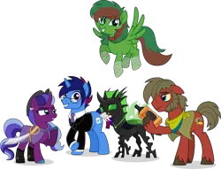 Size: 8000x6104 | Tagged: safe, artist:n0kkun, derpibooru import, oc, oc:black kraken pearl, oc:boop the changeling, oc:disco hooch, oc:marquis majordome, oc:windy barebow evergreen, earth pony, pegasus, unicorn, alcohol, bandage, clothes, drink, earth pony oc, flying, group photo, horn, image, pegasus oc, png, simple background, smiling, transparent background, unicorn oc, weapon, whiskey, wings