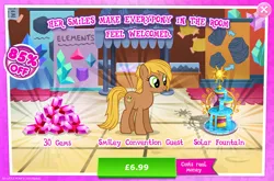 Size: 1964x1298 | Tagged: safe, derpibooru import, idw, official, unnamed character, unnamed pony, earth pony, pony, advertisement, costs real money, english, female, fountain, gameloft, gem, idw showified, image, jpeg, mare, mobile game, my little pony: magic princess, numbers, sale, solo, text
