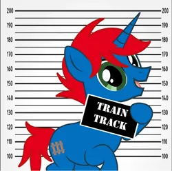 Size: 1544x1532 | Tagged: safe, artist:ry-bluepony1, derpibooru import, oc, oc:train track, unofficial characters only, pony, unicorn, barbie (film), barbie mugshot meme, image, male, meme, mugshot, png, solo