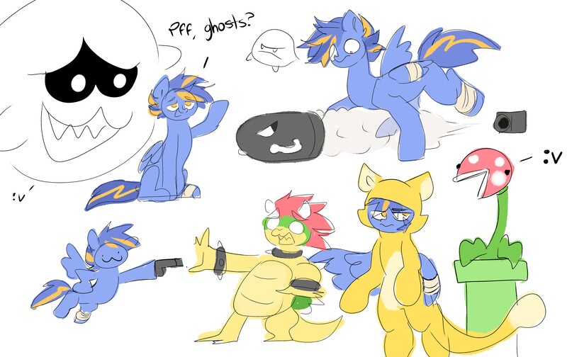 Size: 4765x3000 | Tagged: safe, artist:madiwann, derpibooru import, oc, oc:shining trophy, cat, ghost, pegasus, pony, undead, bandage, blue body, blue mane, bowser, catsuit, doodle, gun, image, jpeg, male, nintendo, piranha plant, scared, sketch, sketch dump, stallion, super mario bros., talking, weapon, wings