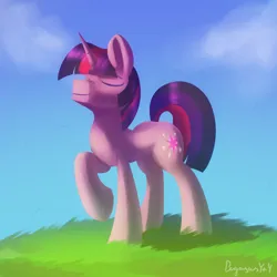 Size: 3000x3000 | Tagged: safe, artist:pegasusyay, derpibooru import, twilight sparkle, pony, unicorn, eyes closed, grass, grass field, image, jpeg, smiling, solo