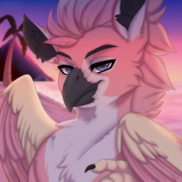 Size: 2048x2048 | Tagged: safe, artist:enderbee, derpibooru import, oc, gryphon, beach, bust, chest fluff, ear fluff, ear piercing, griffon oc, heterochromia, image, palm tree, piercing, png, portrait, solo, sunset, tree, wings