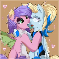 Size: 2048x2048 | Tagged: suggestive, artist:ichigokristina, derpibooru import, oc, oc:azure opus, oc:phalena rosa, unofficial characters only, insect, pegasus, pony, blind, chest fluff, clothes, commission, drool, fangs, female, females only, french kiss, heart, hoof around neck, image, kissing, lesbian, long tongue, looking at each other, looking at someone, mare, neck fluff, png, scarf, simple background, striped scarf, tongue out, two toned mane, ych result