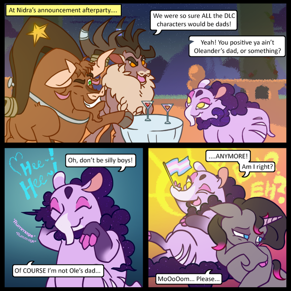 Size: 1000x1000 | Tagged: safe, artist:tfhtrivia, derpibooru import, oleander (tfh), bull, deer, reindeer, unicorn, them's fightin' herds, comic, community related, image, implied transgender, nidra (tfh), png, pride, pride flag, stronghoof hoofstrong (tfh), tapir, texas (tfh), transgender pride flag