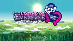 Size: 1333x750 | Tagged: safe, derpibooru import, screencap, equestria girls, legend of everfree, blue sky, cloud, forest, image, logo, mountain, overhead view, png, road, scenery, sky, sun, title, title card, tree